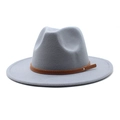Classic light gray fedora hat with flat wide brim and brown faux leather belt strap - M (56-58cm) / Light Gray