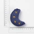 Handmade crochet crescent moon charm in navy blue with yellow stars and size reference - Dark Blue Knitted Star Moon