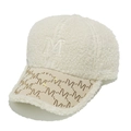 Detailed view of winter lamb wool baseball cap with rhinestone M letter pattern on brim - M (56-58cm) / Beige