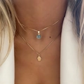 Double-layer gold necklace with blue Evil Eye and Hand of Fatima charms for women - Gold Double Layer Chain Evil Eye & Hamsa Pendant