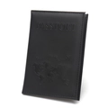 Black leather passport holder with embossed world map design and passport text logo - Passport Cover / Black