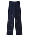 Flachbild der marineblauen Satinhose mit weitem Bein und eleganten schwarzen Pailletten-Blumen - XS / Pants / Dunkelblau