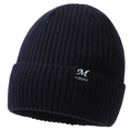 Men's navy blue ribbed knit beanie with soft fleece lining and a square M logo tag - Navy Blue