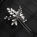 Silver bridal hair pin with handmade pearls, rhinestones, and delicate leaf design - HS-J5306S Single Silver Rhinestone Pearl Hair Pin