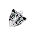 Detailed silver-tone leopard head pendant with black enamel spots and green crystal eyes - White Gold Leopard Head