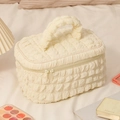 Cream bubble textured makeup bag with handle and double zippers on soft bedding - Cream White Large 24*17*15cm