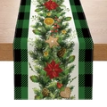 Christmas table runner with pine branches and ginger cookies on green plaid fabric - Green Black Gingham & Poinsettia