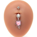 Detailed close-up of pink heart devil wing belly ring with sparkling zircon inlays - Silver Pink Devil Heart Style (#14)
