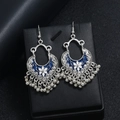 Detail view of silver vintage earrings with blue enamel flowers and tassels - Royal Blue & White Antique Silver (WEH699)