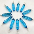 Blue crystal hexagonal prism pendants with silver wire wrap and metal hanging loops - Silver Wire Transparent Light Blue