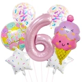 Set de ballons 6ème anniversaire thème glace avec chiffre 6 rose et décors en aluminium - Style de Crème Glacée Numérique Six