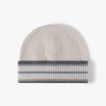 Striped wool knit beanie in beige with grey and blue ribbed cuff detail - One Size / Beige
