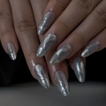 Gothic 3D silver embossed press-on nails in almond shape with metallic patterns - Silver Gothic 3D Relief Style (JP3998)