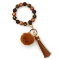 Silicone bead keychain bracelet with leopard print beads, brown pompom and tassel - Brown