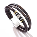 Men's multi-layer leather bracelet with dark brown weave, patterned straps and magnetic clasp - 19cm / Steel Gold Coffee Leather