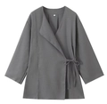 Flat lay detail of grey linen kimono jacket with waist tie design and size label - XS / Gray Blazer
