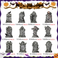 Detailed grid showing 12 Halloween tombstone magnets with specific size measurements in cm and in - CT341