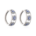 Silver evil eye hoop earrings with blue and white zircon stones on a white background - Silver Blue & White Eye
