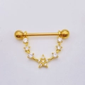 Detailed view of golden U-shaped nipple ring with sparkling zircon star and chain pendants - Gold - Star Zircon Chain