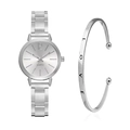 Women's silver quartz watch with matching metal love bracelet set on white background - Silver Watch LOVE Open Bangle Set