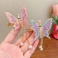 Pink and blue butterfly hair clips with pearl tassels and golden alloy finish - Pink Butterfly + Purple Butterfly