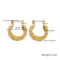 Macro detail of high polished stainless steel braided U-shape earrings with size dimensions - E157 Quilted Texture Hoop / Gold