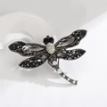 Vintage dragonfly brooch with black crystals and white opal stones in dark grey finish - Black