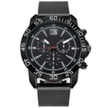 Detailed view of black stainless steel mesh band and luminous three-eye chrono watch dial - Black