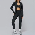 Women's 3-piece space-dye yoga set with jacket, bra, and high-waisted leggings - S / Top And Bottom / Black