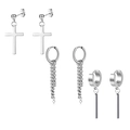 Three pairs of silver stainless steel clip-on earrings with cross and chain pendants - Set 3 (Silver - Cross/Long Chain/Cylinder)
