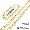 Golden 9mm stainless steel twisted link chain necklace and bracelet jewelry set - Gold (760x9mm)