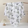 White cotton newborn swaddle blanket with panda and palm tree holiday print patterns - Panda Holiday