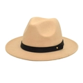 Detailed close-up of beige wool fedora hat with black ribbon band and gold stud accent - M (56-58cm) / Beige
