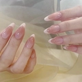 Short almond press-on nails with nude pink base and classic white French tips - R848 Peach French Style / Nail Glue Version