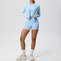 Ensemble de sport 3 pièces bleu clair avec veste, débardeur et short de yoga taille haute - Bleu Ciel