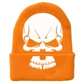 Bright orange knit beanie featuring a bold white skull graphic for street style - Orange Giant Skull Print Style (橙色-J)