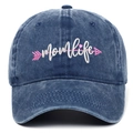 Detail of Momlife embroidery on washed navy blue denim baseball cap with pink arrow - Navy Blue