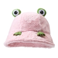 Cute pink plush frog bucket hat with 3D eyes and embroidered paws for autumn and winter - One Size / Pink