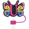 Rainbow butterfly straw topper with pink letter U charm and dust-proof PVC ring - Letter U