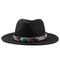 Détail d'un chapeau de paille noir avec ruban brodé bohème et perles turquoise - Noir