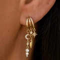 Gold star and moon earring set with cubic zirconia worn on ear for a layered look - Star Moon Round Zirconia Long Chain Earrings (3035) / 1 Pair Pack / Gold