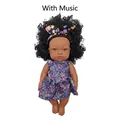 Realistic dark skin baby doll with curly hair wearing a blue floral dress with music feature - 33CM Girl Doll Style 3