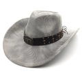 Detail of grey western cowboy hat with brown leather rivet band and bull skull metal buckle - Striped Grey