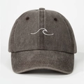 Detailed close-up of dark grey washed canvas baseball cap with white wave embroidery - Coffee