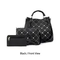 3-piece black PU leather bag set with diamond quilted pattern and pearl decor - Black