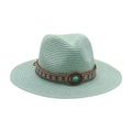 Chapeau fedora en paille vert menthe avec bande ethnique turquoise et métal rétro - Chapeau de Paille Vert Menthe (Pierre Bleue Ovale)