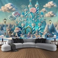 Tapiz navideño con castillo de hielo azul, Papá Noel y renos para pared de salón - 300x230cm / Tema Castillo de Hielo