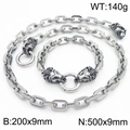 Silver stainless steel cuban chain set with lion head clasps and product dimensions - Lion Head Set (KS217055-Z)