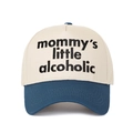 Close-up of Mommy's Little Alcoholic embroidery on two-tone cotton baseball cap - Off-white/Deep Blue