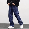 Men's navy blue retro street style woven joggers with white side stripes and ankle cuffs - Navy Blue
